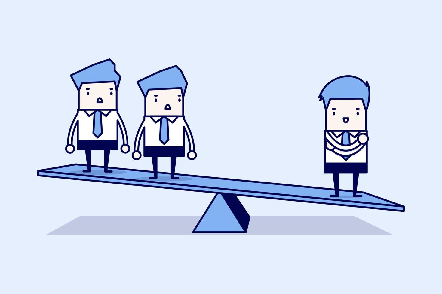 One businessman on one side of weighing scale is heavier than many executives the other side. Cartoon character thin line style vector. vector