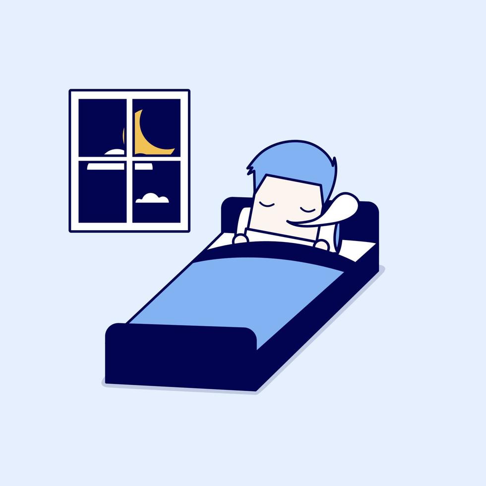 el hombre está durmiendo en la cama. vector de estilo de línea delgada de personaje de dibujos animados.