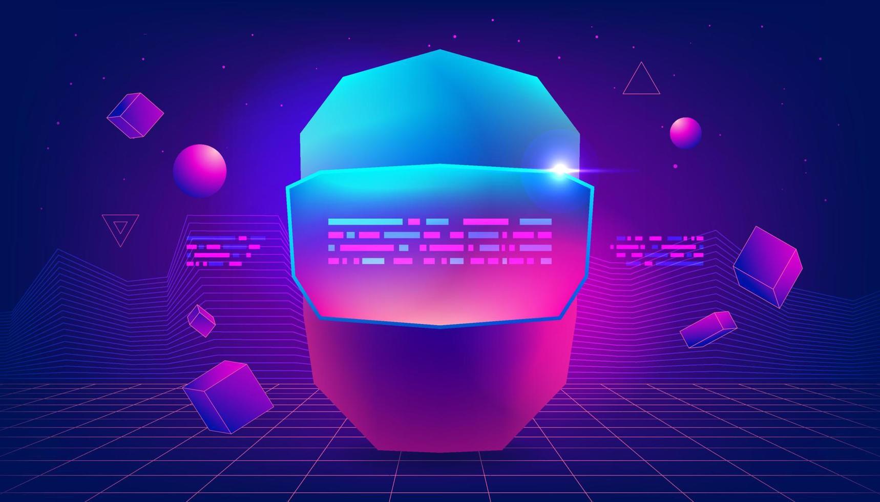 Human face in augmented or virtual reality glasses. Virtual reality headset. VR helmet. Metaverse technology concept. vector