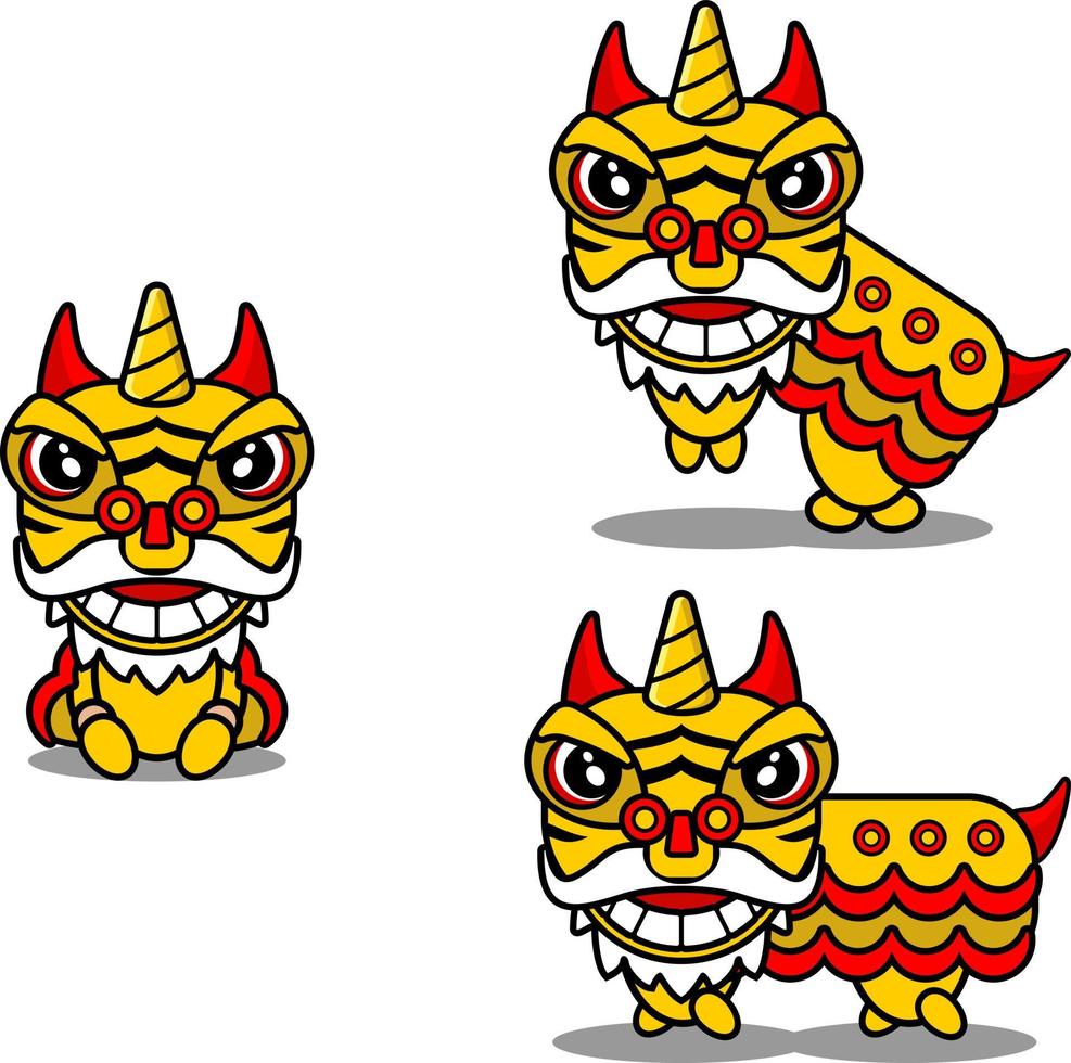 vector de dibujos animados de mascota animal de tigre del zodiaco chino con paquete de conjunto de cabeza de danza del león