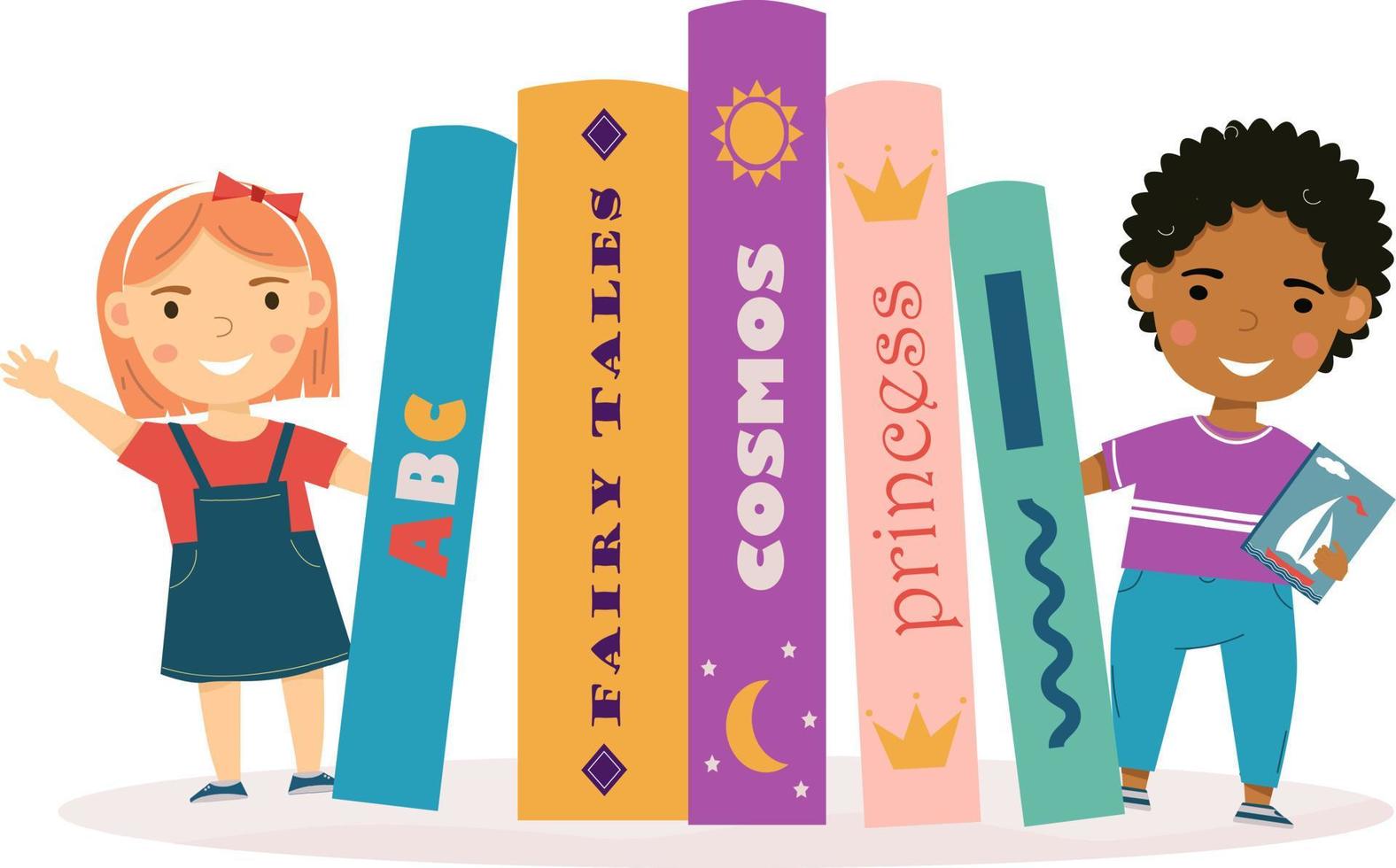 Childrens with books. Boy and girl are standing near books. Books for childrens and kids. I love books, I love reading. Children's book day. Poster for store, shop, library. vector