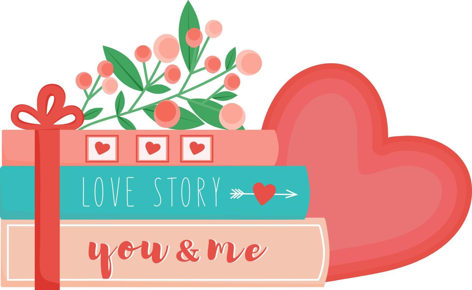 Stack of book with flowers and heart. Gift for Valentines day. Love story, romantic books, romance. Heart on book. Vector illustration in flat style.