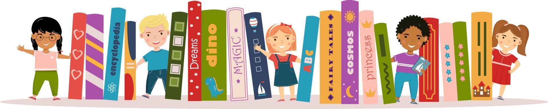 Horizontal banner with childrens and books. Boys and girls are standing near books. Books for childrens and kids. I love reading. Children's book day, festival. Poster for store, shop, library vector