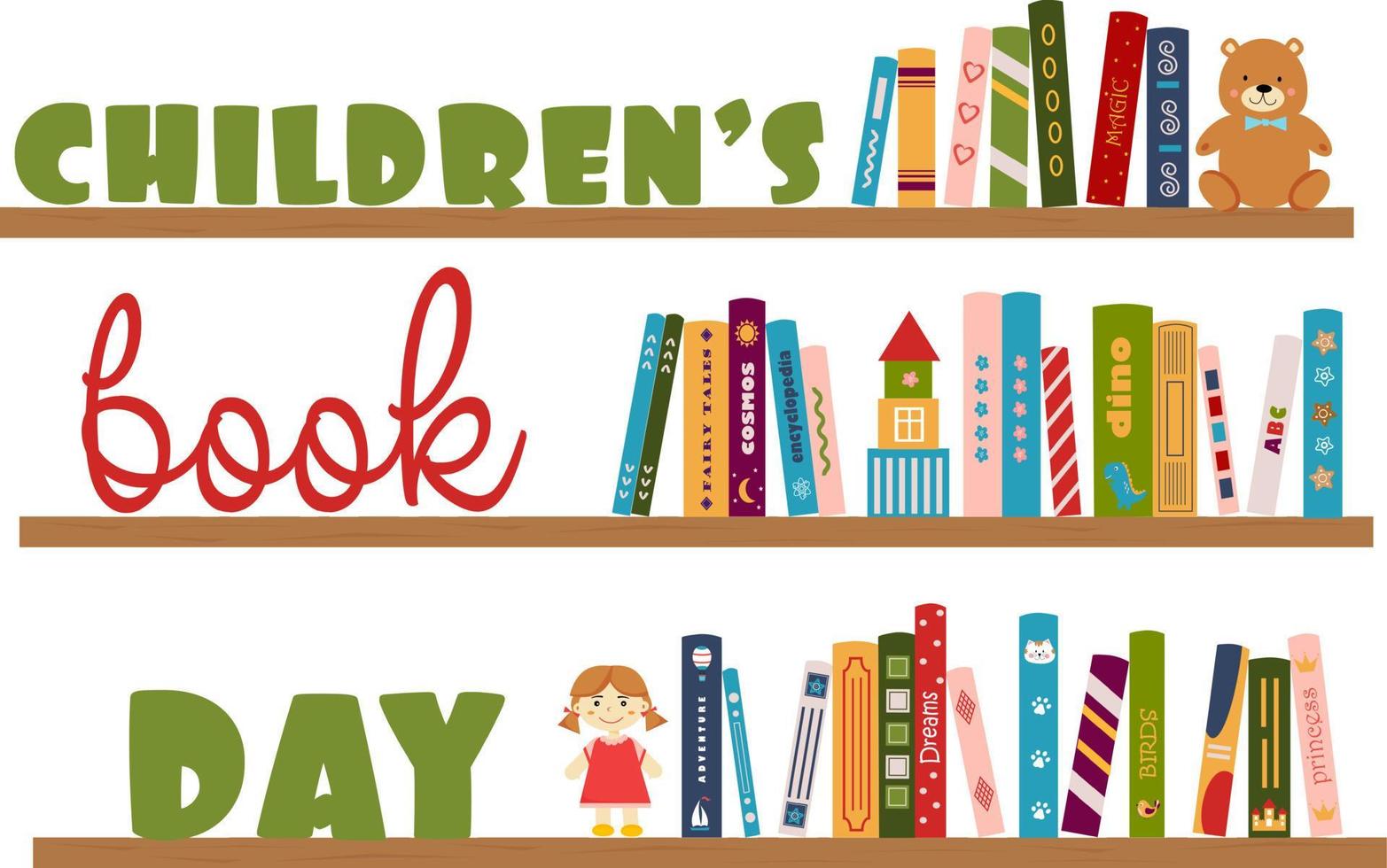 Bookshelf with children's books, toys and inscription Children's book day. International Chidren's Book Day on 2 April. Poster, banner for shop, store, library. vector