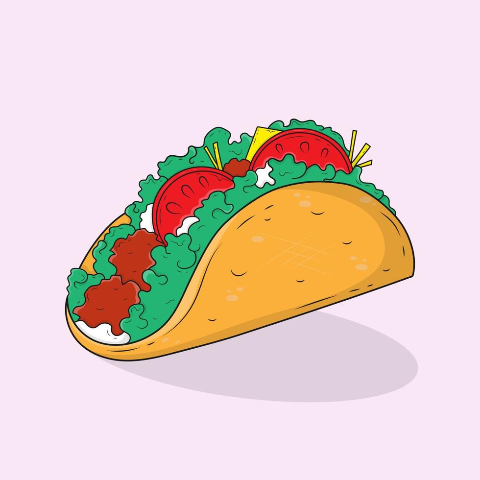 vector dibujado a mano crear diseño, contorno de dibujos animados comida de taco mexicano, vegetales y carne coloridos.