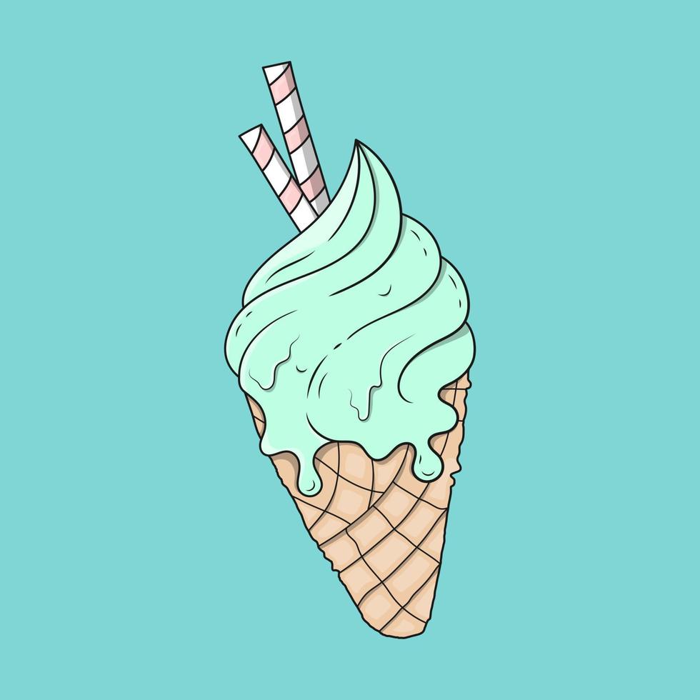 Vector hand drawn create design, Cartoon outline melting ice cream cone.