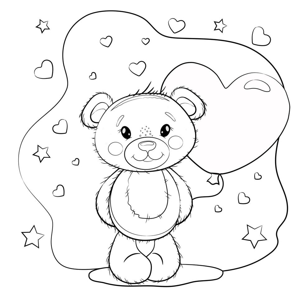 lindo oso de peluche con un globo en forma de corazón. oso de peluche sobre un fondo blanco con corazones. ilustración vectorial - libro para colorear para el día de San Valentín o cumpleaños. vector