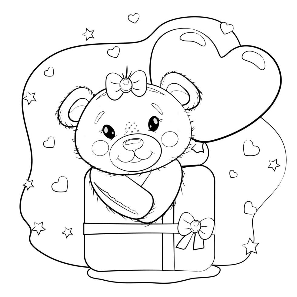 Cute teddy bear girl coloring  with a balloon in the shape of a heart and a gift. Teddy bear on a white background with hearts. Vector cartoon outline illustration for Valentine's day or birthday.