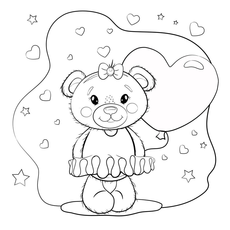 Cute teddy bear girl in a dress with a balloon in the shape of a heart. Teddy bear on a white background with hearts. Vector illustration - coloring book for Valentine's Day or birthday.