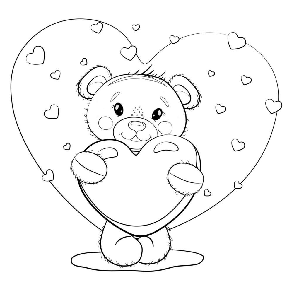 lindo oso de peluche de contorno con un oído en sus patas. oso de peluche sobre un fondo blanco con corazones. ilustración de página de coloreado vectorial para el día de San Valentín o cumpleaños. vector