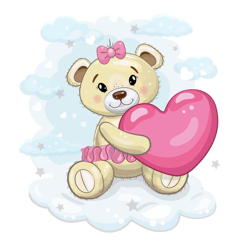 linda chica de oso de peluche con un oído rosa en sus patas. oso de peluche sobre un fondo de nubes con estrellas. ilustración de dibujos animados vectoriales para el día de San Valentín o cumpleaños. vector