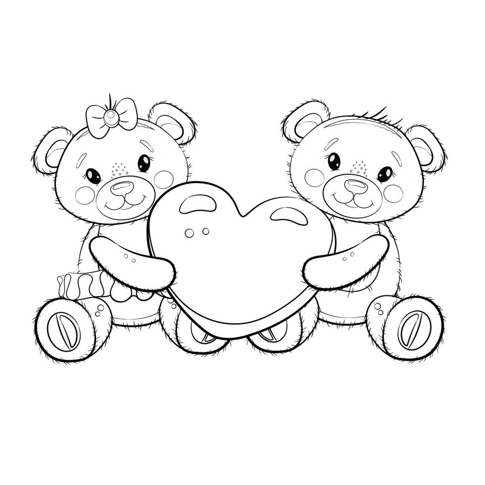 A pair of cute teddy bears holding a heart in their paws. Teddy bears on the background of clouds. Vector cartoon outline illustration. Illustration for Valentine's day or birthday.