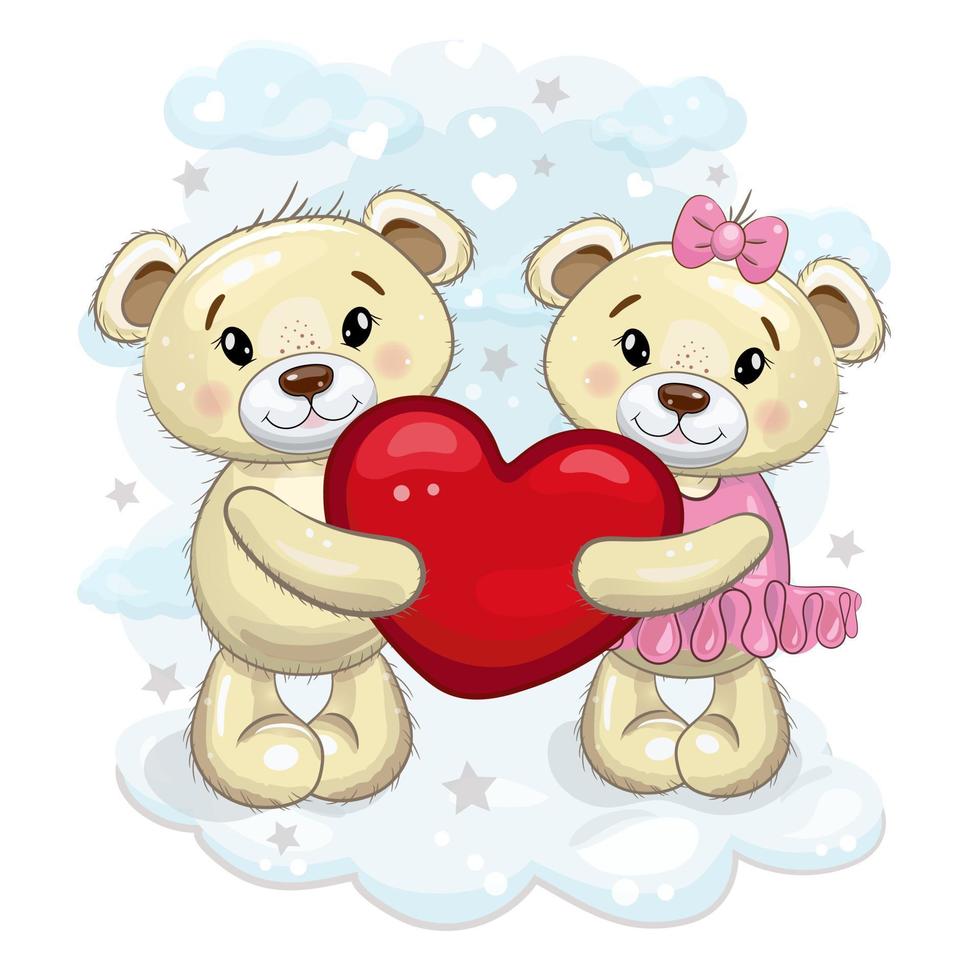 un par de lindos osos de peluche con un corazón en sus patas. osos de peluche en el fondo de las nubes. ilustración de dibujos animados vectoriales. ilustración para el día de san valentín o cumpleaños. vector