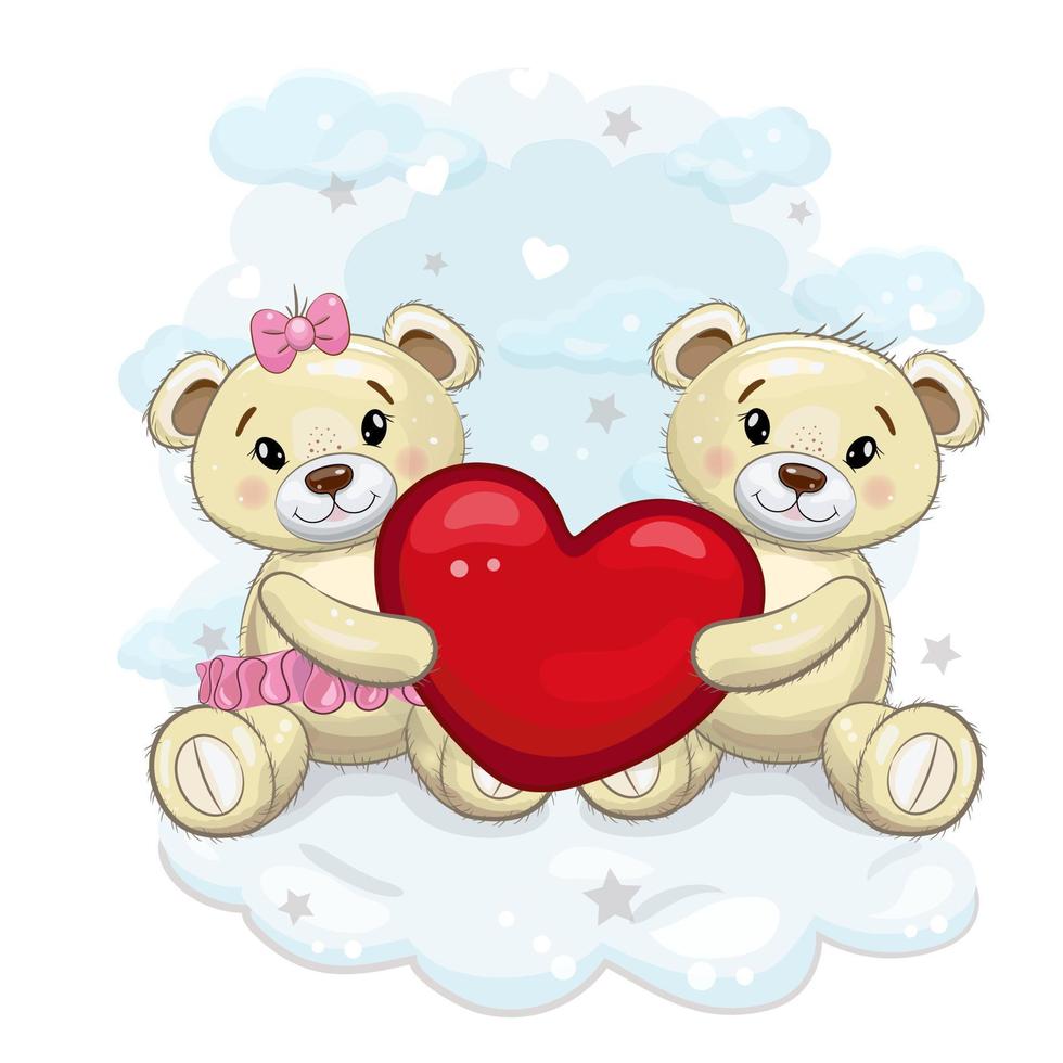 A pair of cute teddy bears holding a heart in their paws. Teddy bears on the background of clouds. Vector cartoon illustration. Illustration for Valentine's day or birthday.