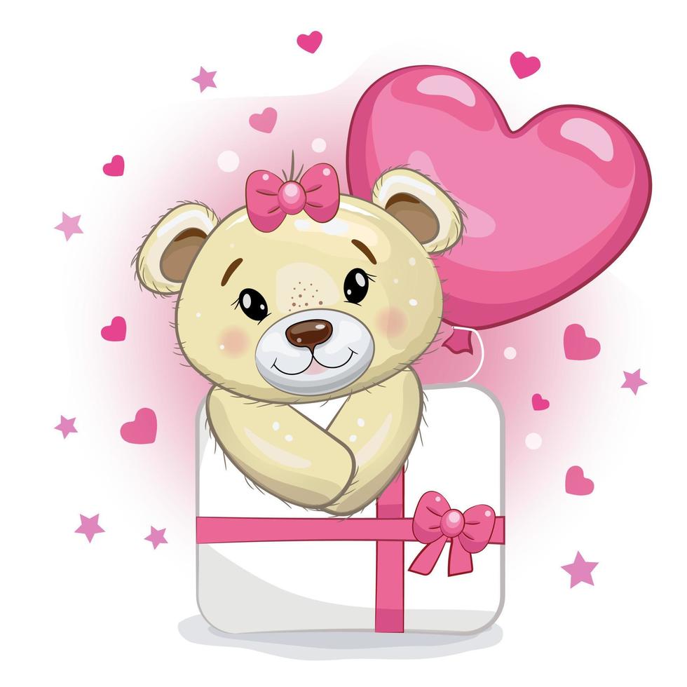 Cute teddy bear girl with a pink balloon in the shape of a heart and a gift. Teddy bear on a pink background with hearts. Vector cartoon illustration for Valentine's day or birthday.