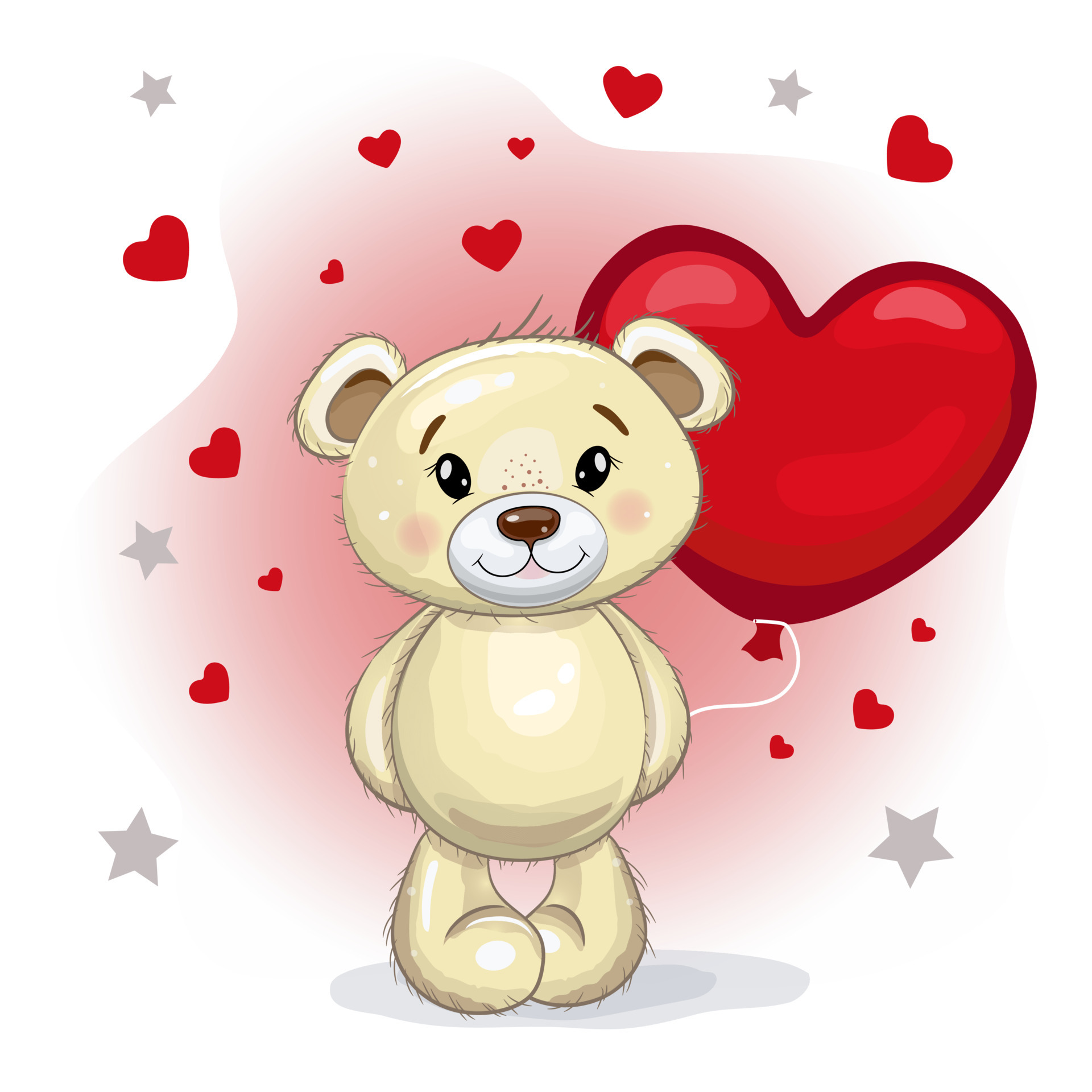 lindo oso de peluche con un globo rojo en forma de corazón. oso de peluche  sobre un fondo rosa con corazones. ilustración de dibujos animados  vectoriales para el día de san valentín.