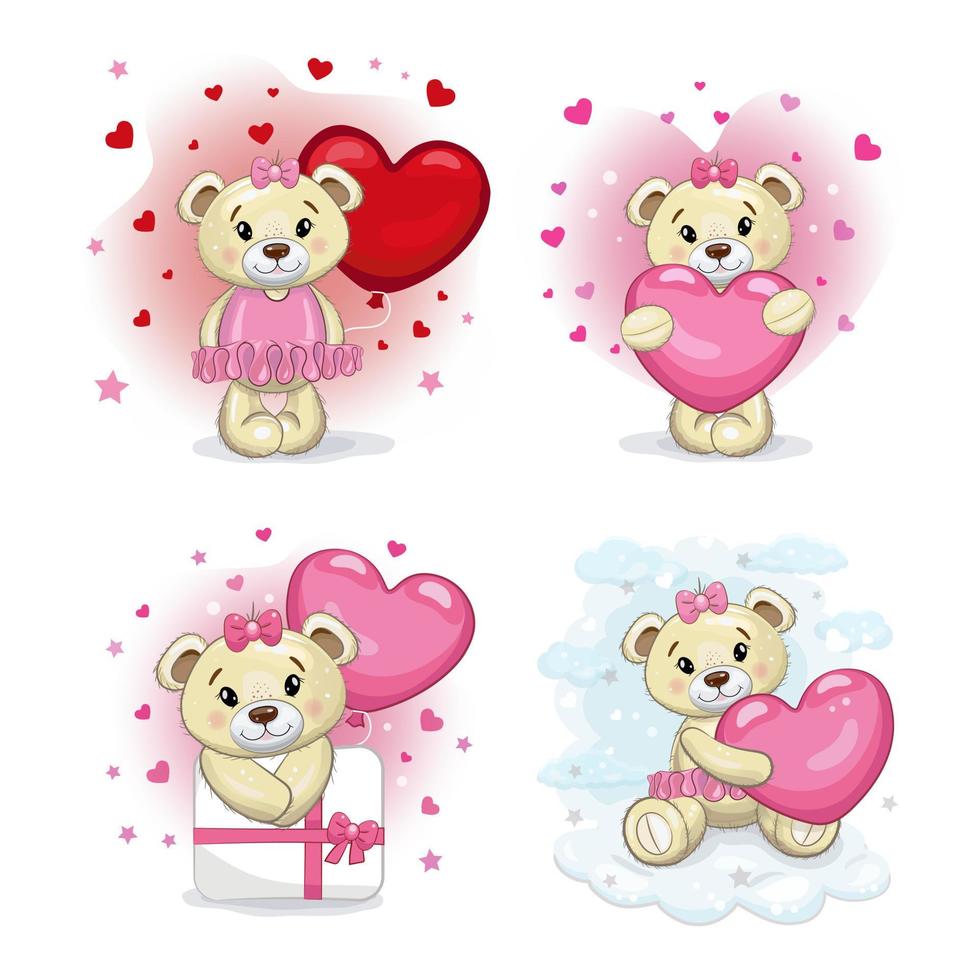 un conjunto de lindas chicas de osos de peluche con corazones rosas.  conjunto lindo de osos de peluche. ilustración de dibujos animados  vectoriales para el día de San Valentín o cumpleaños. 5349111