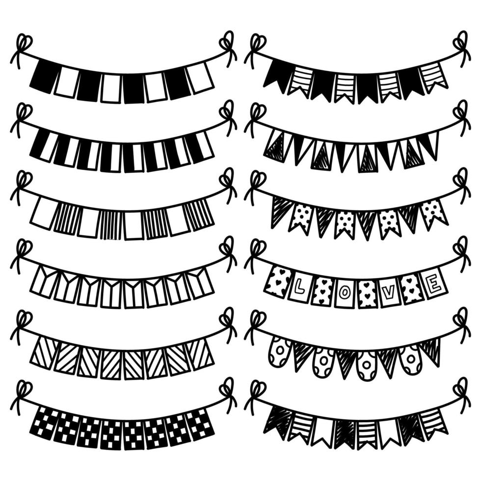 Freehand Handdrawn Bunting Flags And Decorations Set Pack. Premium Vector. vector