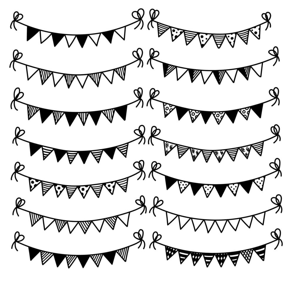 Freehand Handdrawn Bunting Flags And Decorations Set Pack. Premium Vector. vector