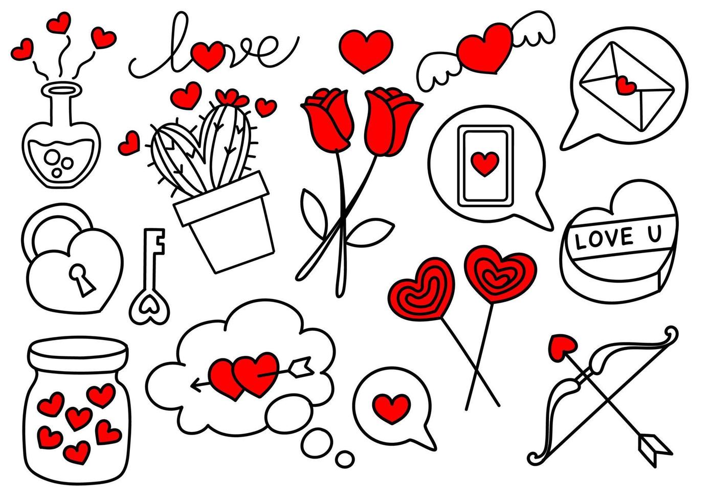 doodle de elementos del día de san valentín dibujados a mano alzada. vector premium