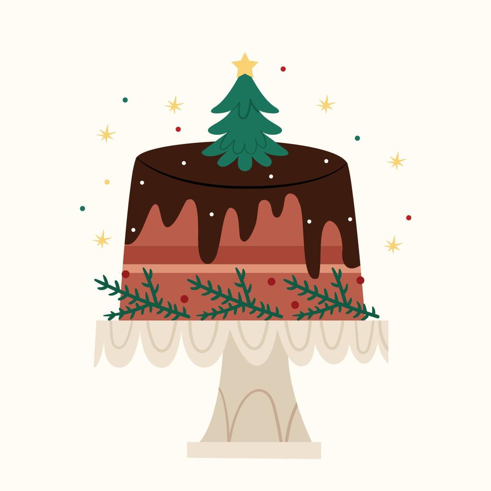 Christmas cake in chocolate decorated with a Christmas tree. Traditional Christmas sweets. vector