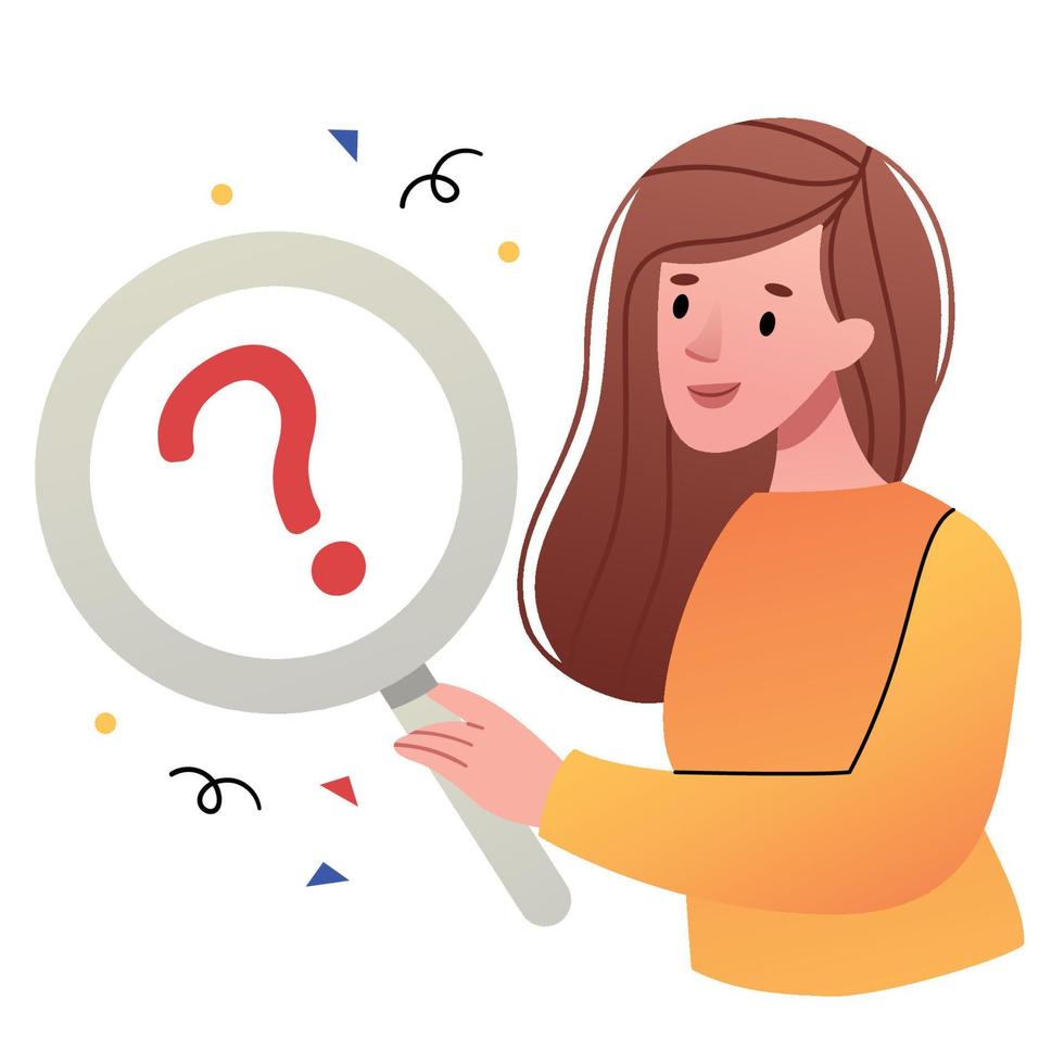 Girl with a magnifying glass.The concept of SEO or search engine optimization, Internet algorithm to increase site visibility, online marketing strategy. vector