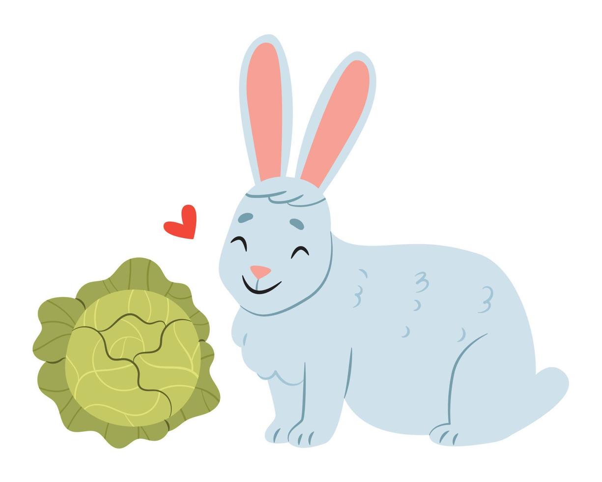 Rabbit loves cabbage. Baby cute illustration. Happy animal vector