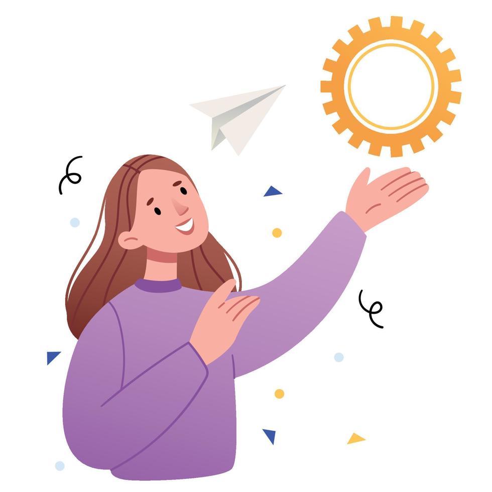 The girl is holding a gear like the sun.The concept of a good idea. vector