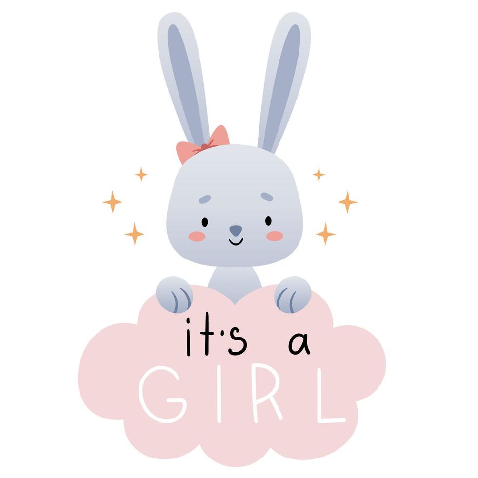 This is a girl. Cute bunny holding an inscription. Pastel colors, poster for a newborn. vector