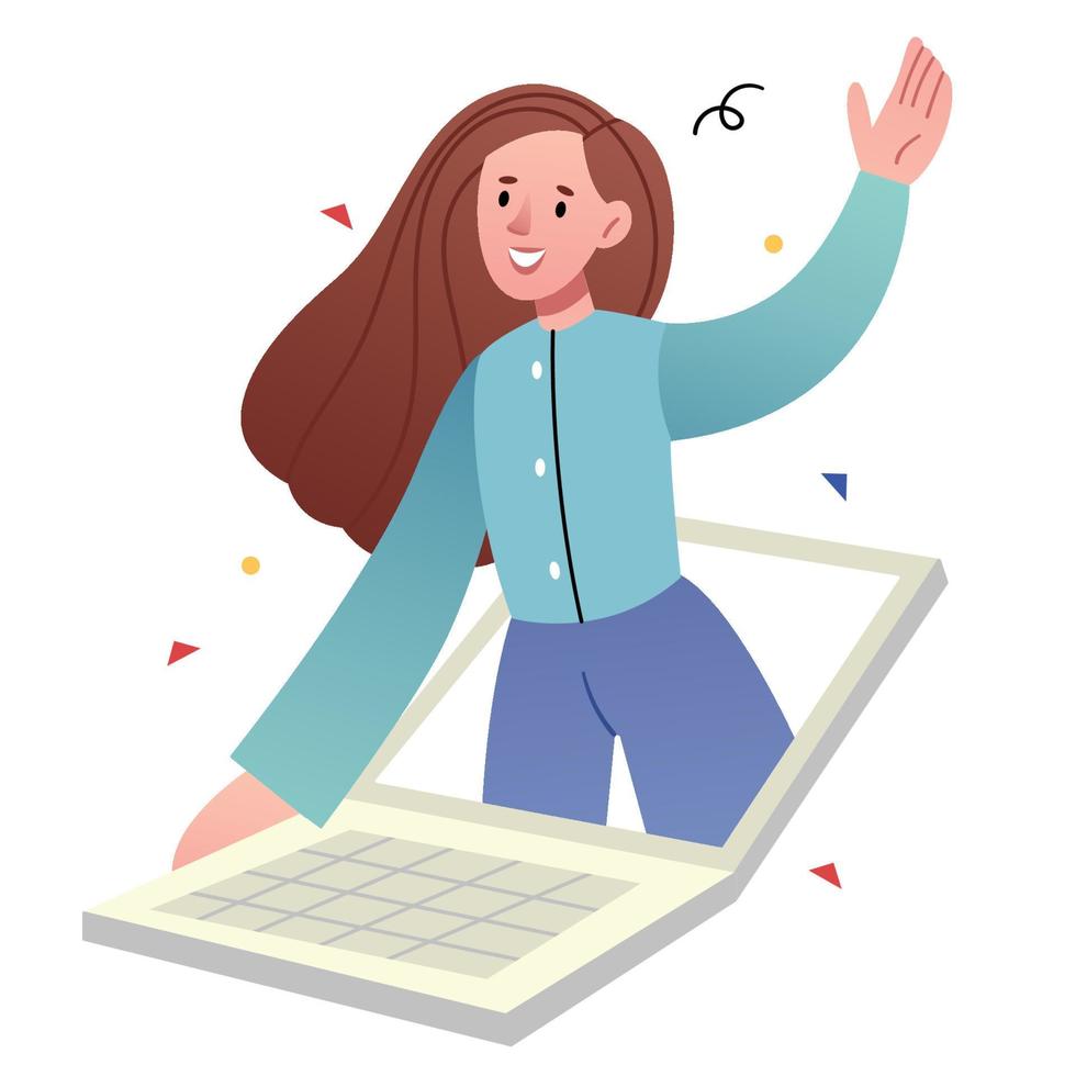 Girl waving hello from laptop.The concept of online learning, or consultation. vector