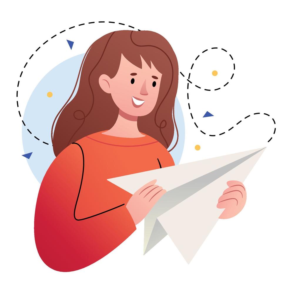 Girl with paper airplane.Sending, receiving open read messages on mobile phone.Girl launched paper,mail airplane.New notification. vector