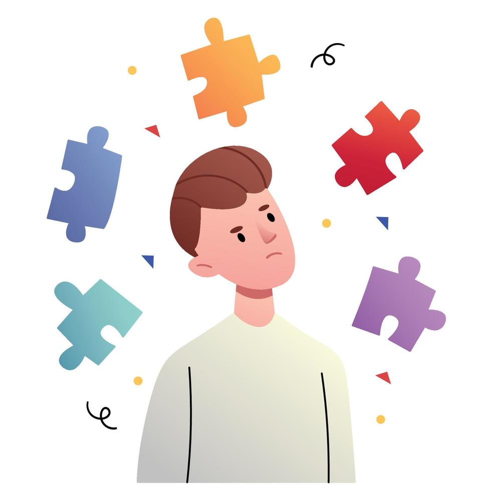 The guy in the middle of the puzzles.Cognitive development, mental mindset, creative thinking. Concept of project finishing, work solutions, suggestion of creative ideas. vector