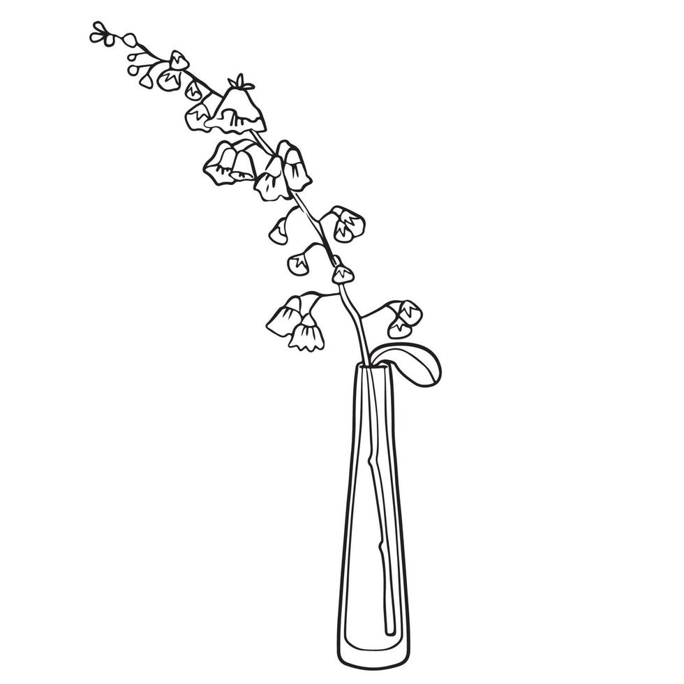 Bouquet in a linear style from Campanula in a glass vase. Sketch, modern art. vector