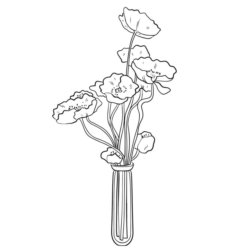 Bouquet in a linear style of anemone eucalyptus in a glass vase. Sketch, modern art. vector