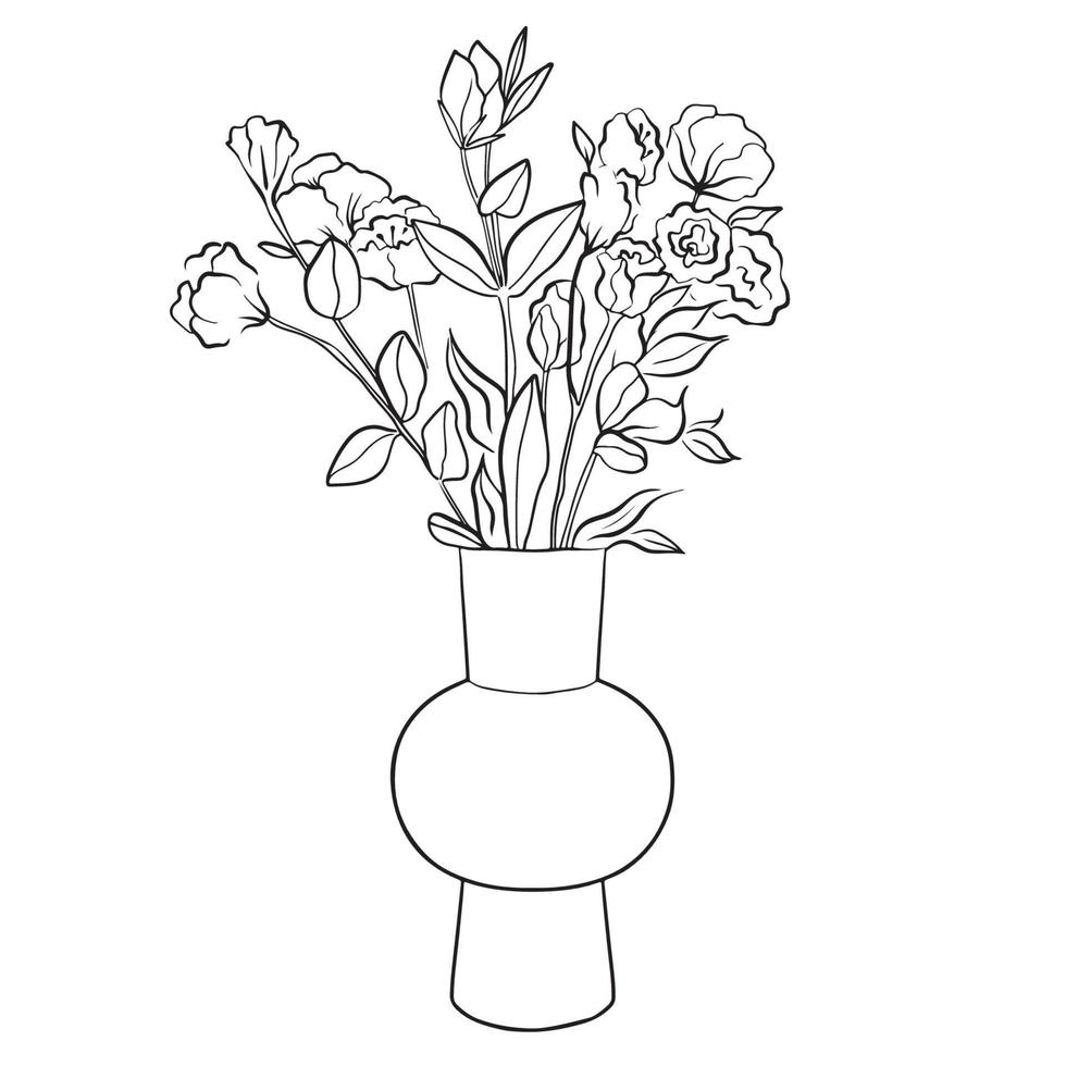 ramo en un estilo lineal de eustoma en un jarrón. boceto, arte moderno. vector