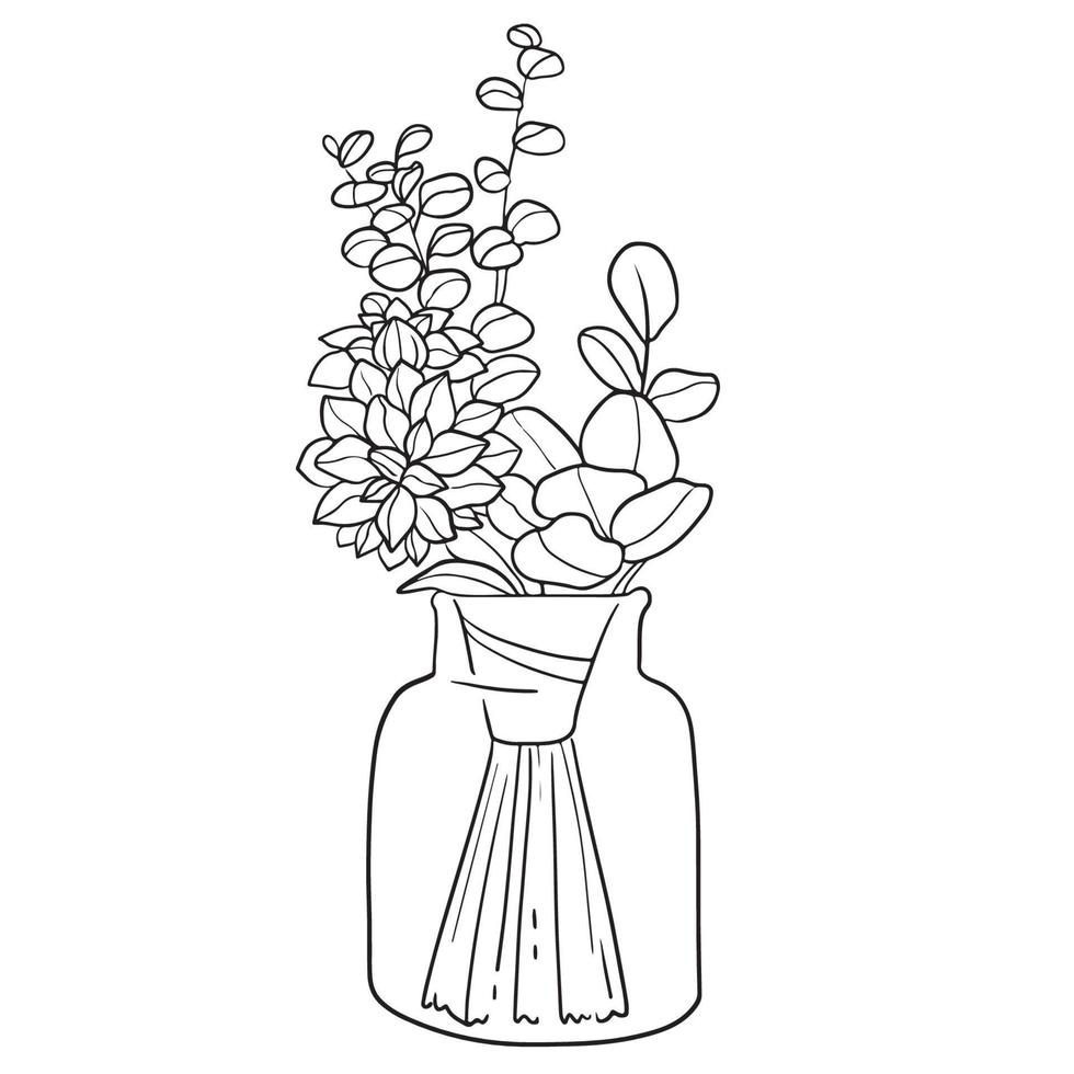Bouquet in a linear style of succulents in a glass vase. Sketch, modern art. vector