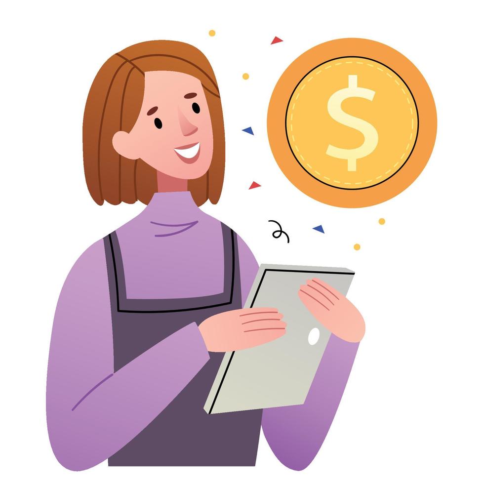 The girl counts finances.Girl earns money, receives salary, pays bills on Internet on computer. vector