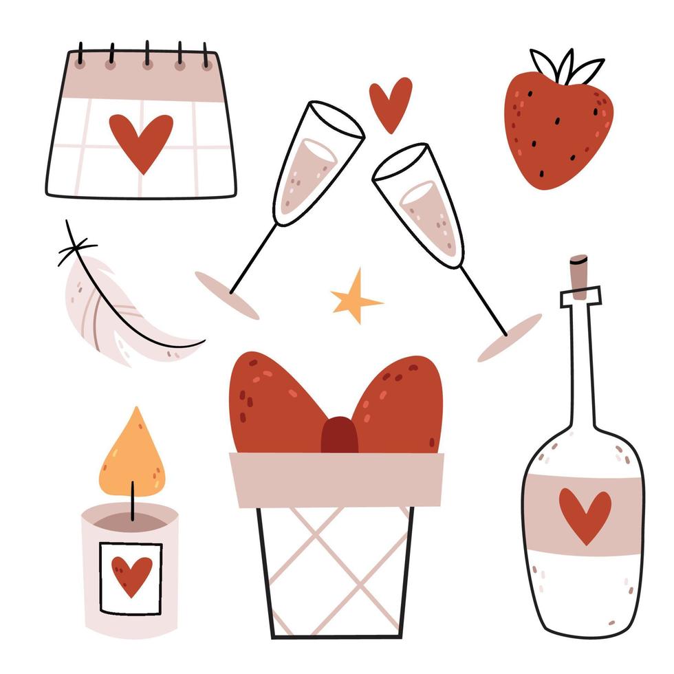 Set of vector illustrations for Valentine's Day. Hearts, gifts, champagne, glasses, pen, candle, calendar. Flat, linear, minimalism illustration.