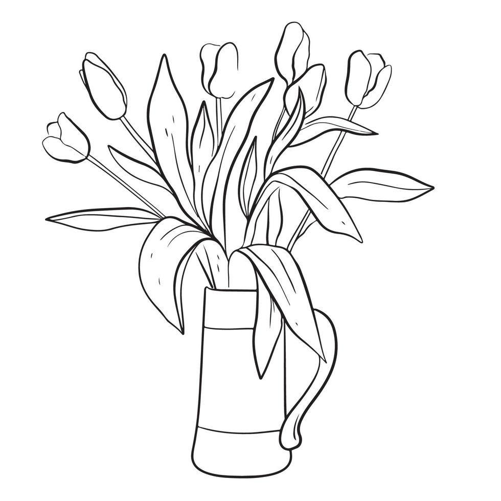 A bouquet in a linear style of tulips in a jug. Sketch, modern art. vector