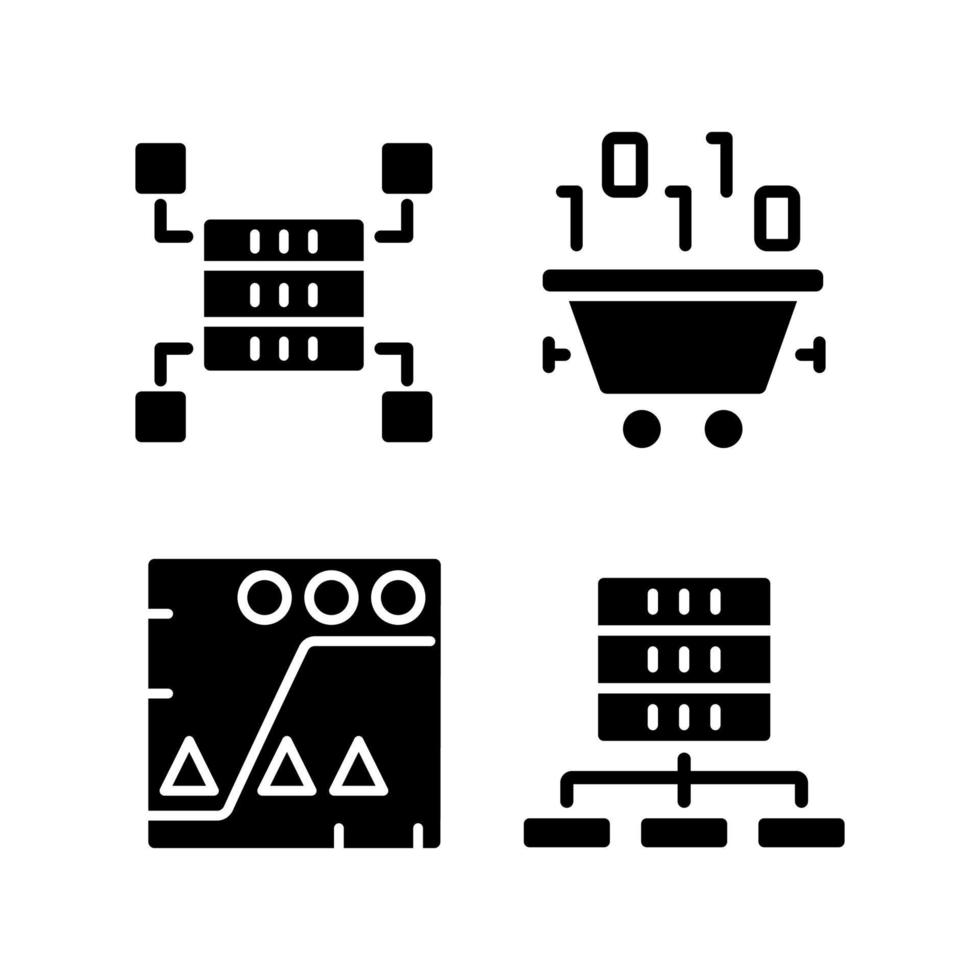 Dataset processing black glyph icons set on white space. Data mining and storage. Statistic information analyzing. Virtual technology for development. Silhouette symbols. Vector isolated illustration