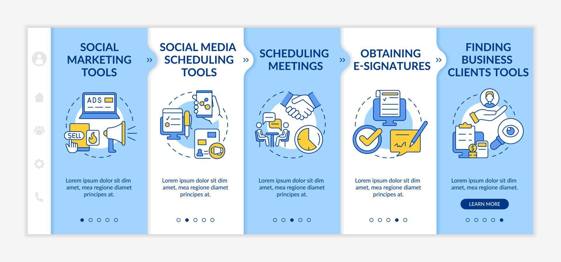Business tools for entrepreneurs blue and white onboarding template. Scheduling. Responsive mobile website with linear concept icons. Web page walkthrough 5 step screens. Lato-Bold, Regular fonts used vector