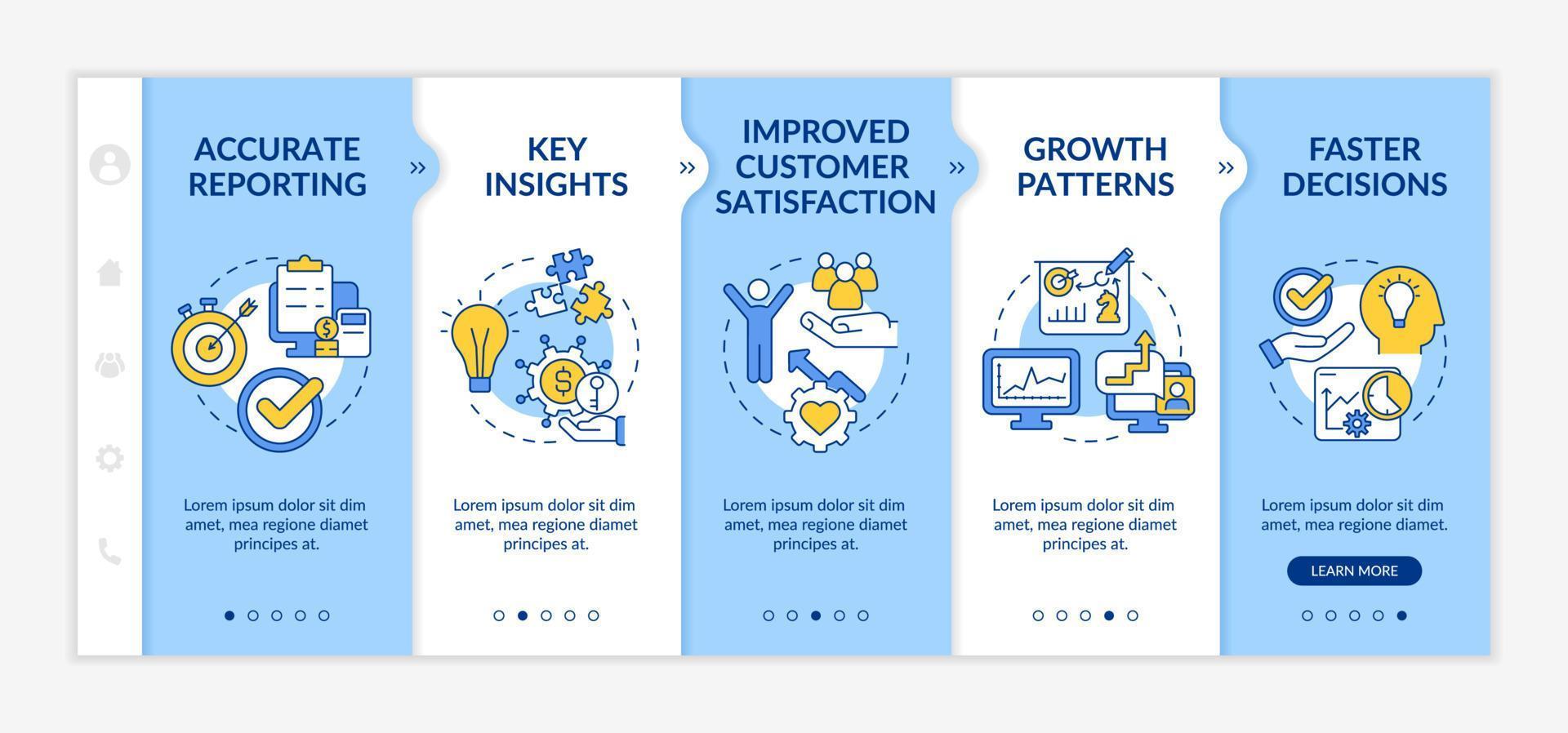 Importance of business tools blue and white onboarding template. Key insights. Responsive mobile website with linear concept icons. Web page walkthrough 5 step screens. Lato-Bold, Regular fonts used vector