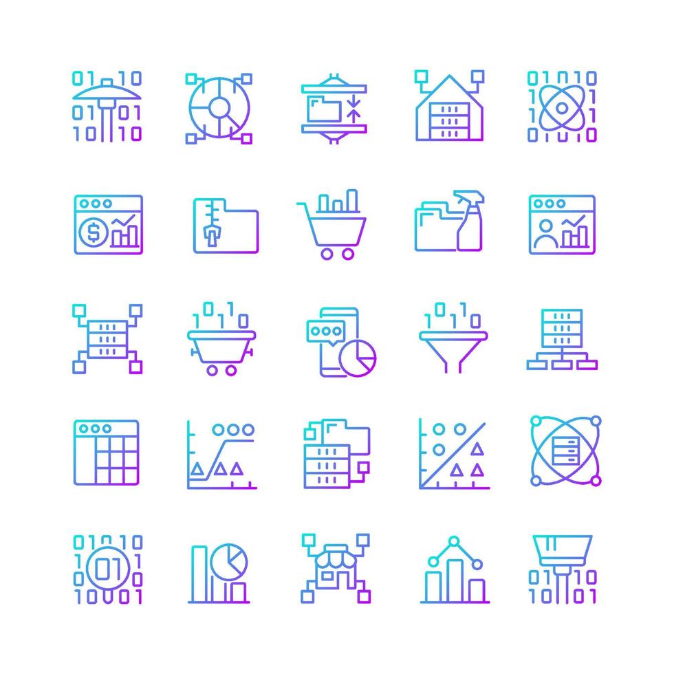 Data mining gradient linear vector icons set. Knowledge discovering in data. Analyze and storage information. Thin line contour symbols bundle. Isolated outline illustrations collection