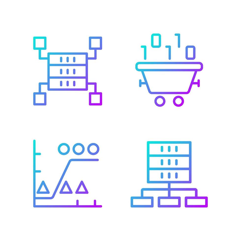 Dataset processing gradient linear vector icons set. Data mining and storage. Statistic information analyzing. Thin line contour symbols bundle. Isolated outline illustrations collection