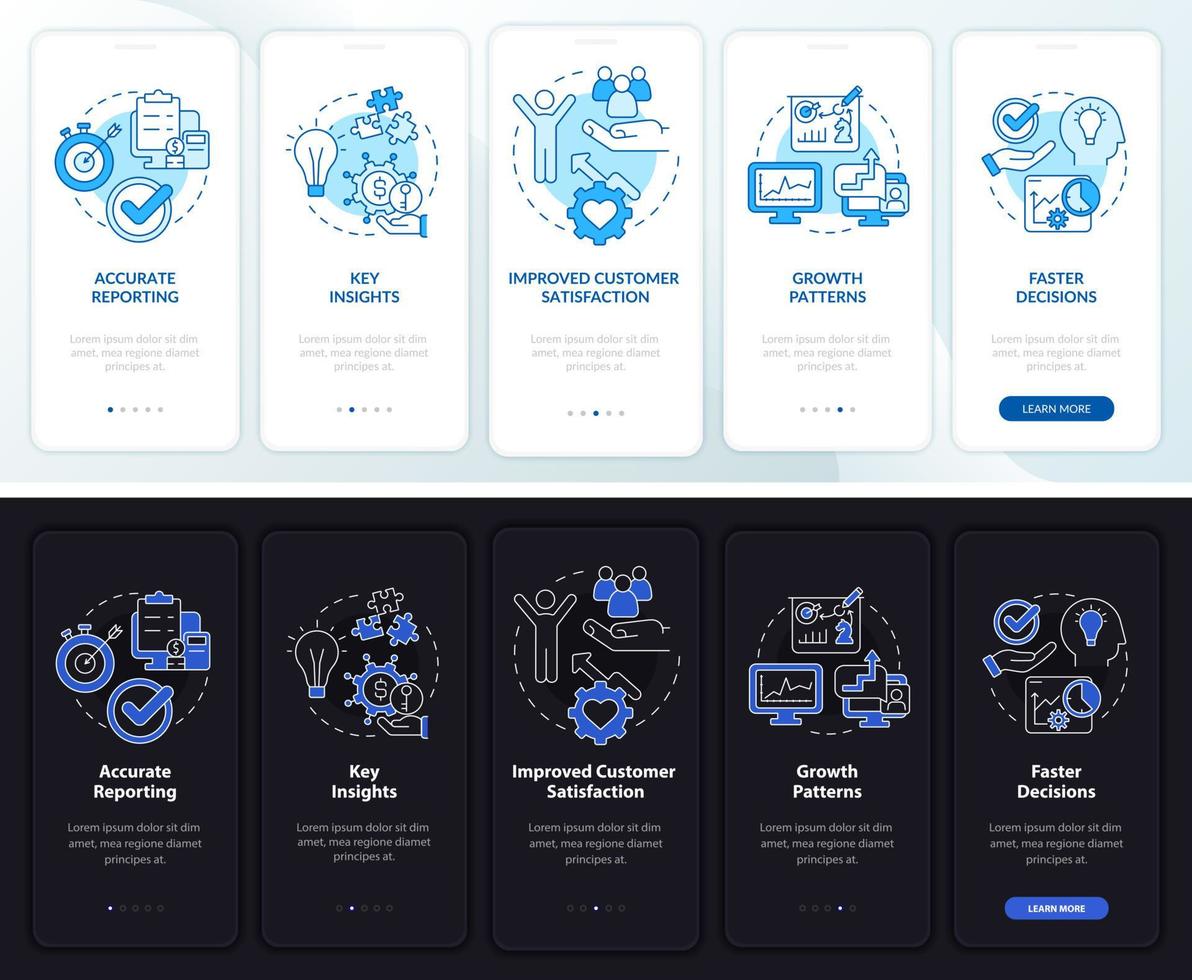 Business tools benefits night and day mode onboarding mobile app screen. Walkthrough 5 steps graphic instructions pages with linear concepts. UI, UX, GUI template. Myriad Pro-Bold, Regular fonts used vector