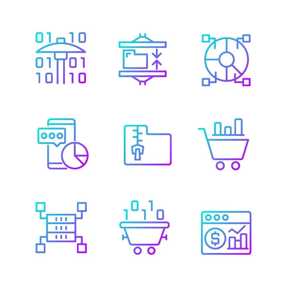 Data mining processes gradient linear vector icons set. Machine learning. Analyze and storage data. Science and technology. Thin line contour symbols bundle. Isolated outline illustrations collection