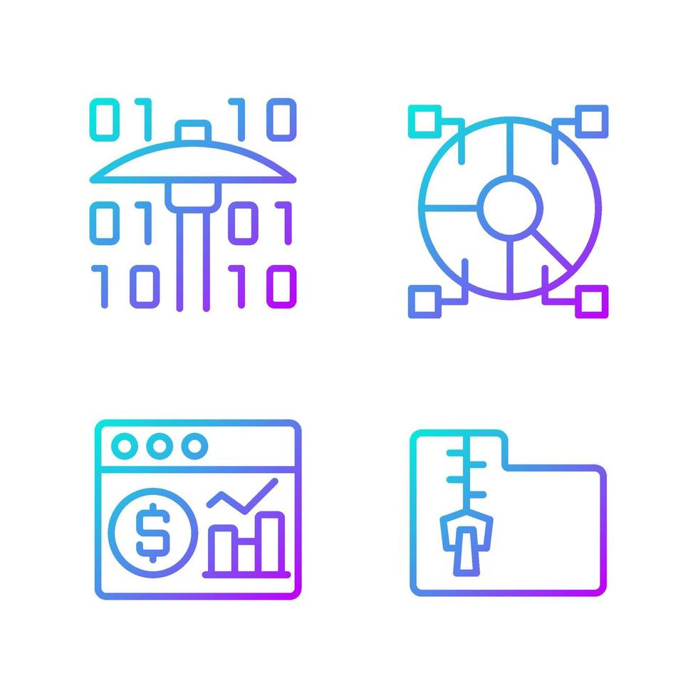 Financial data mining gradient linear vector icons set. Processing digital information. Research new development ways. Thin line contour symbols bundle. Isolated outline illustrations collection