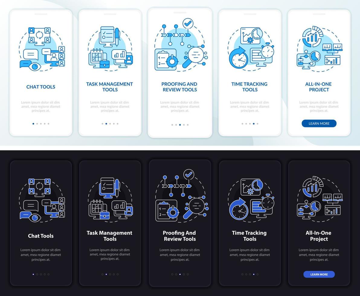 Business tools types night and day mode onboarding mobile app screen. Walkthrough 5 steps graphic instructions pages with linear concepts. UI, UX, GUI template. Myriad Pro-Bold, Regular fonts used vector