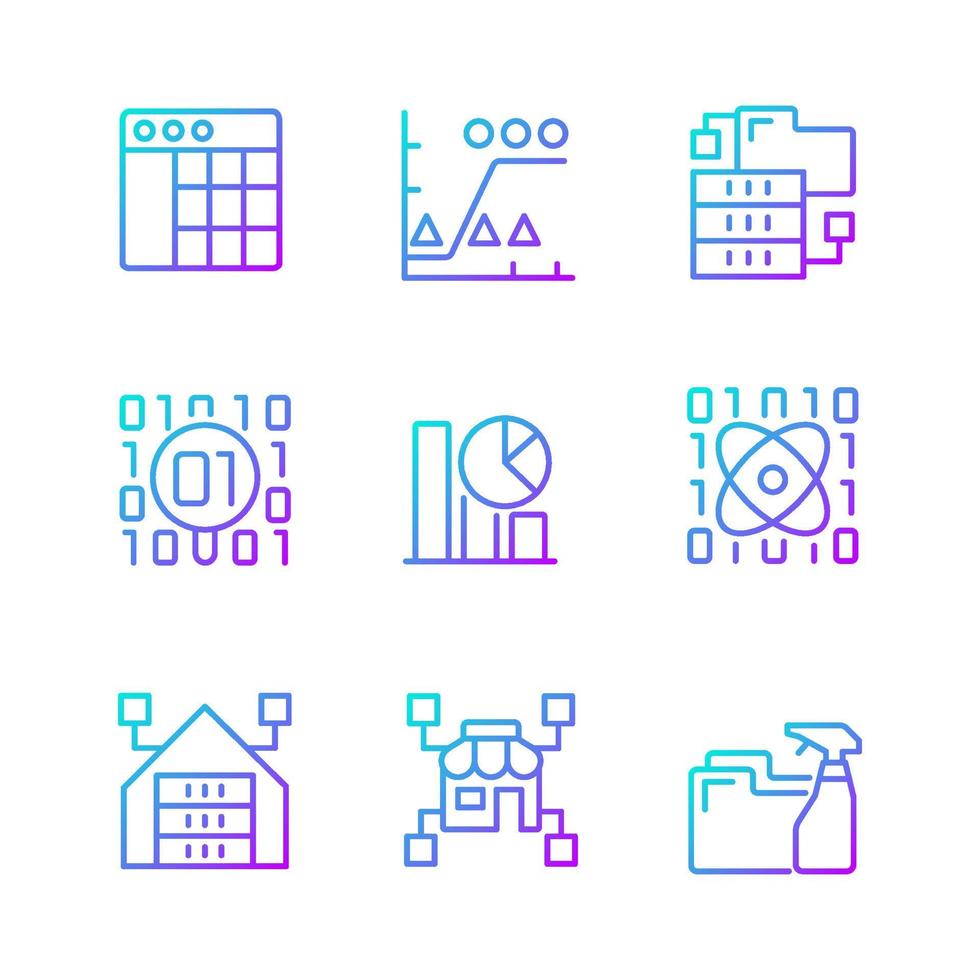 conjunto de iconos de vector lineal de gradiente de minería de datos en la industria. conocimiento descubriendo en los datos. analizar y almacenar información. paquete de símbolos de contorno de línea delgada. colección de ilustraciones de contorno aislado