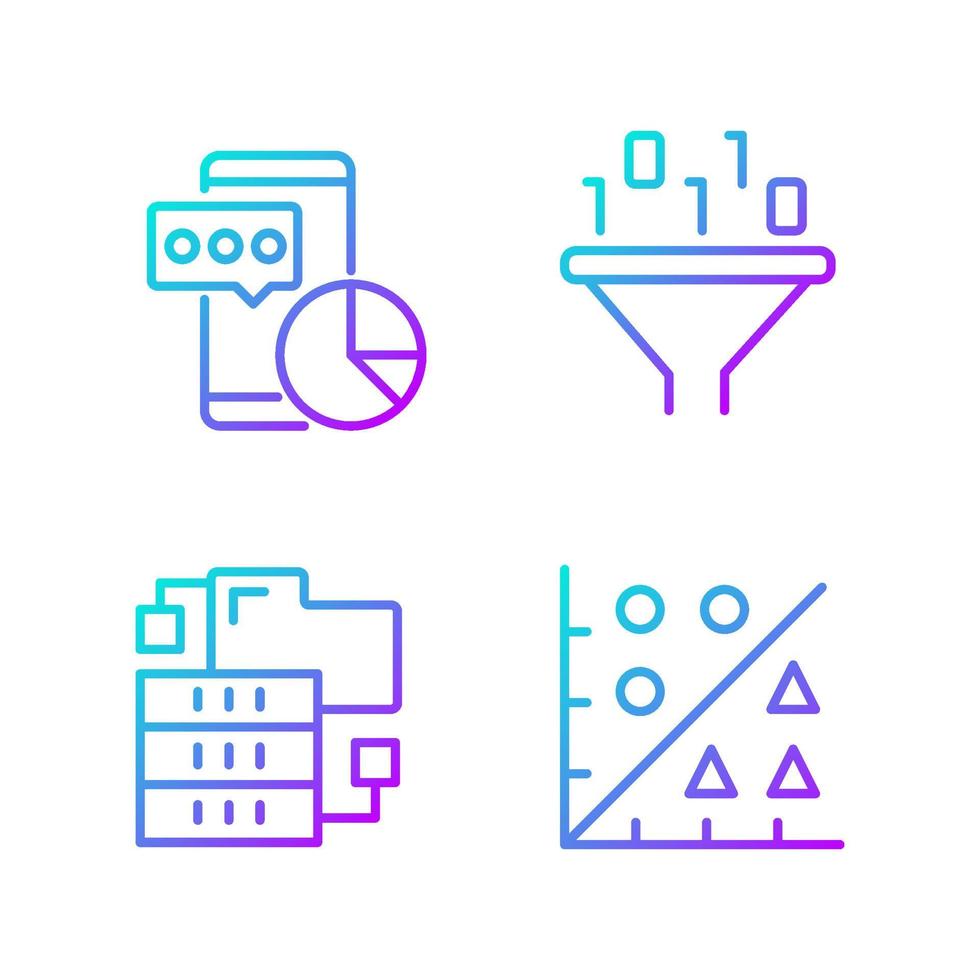 Data mining tools gradient linear vector icons set. Techniques to extract and analyze information. Virtual research. Thin line contour symbols bundle. Isolated outline illustrations collection